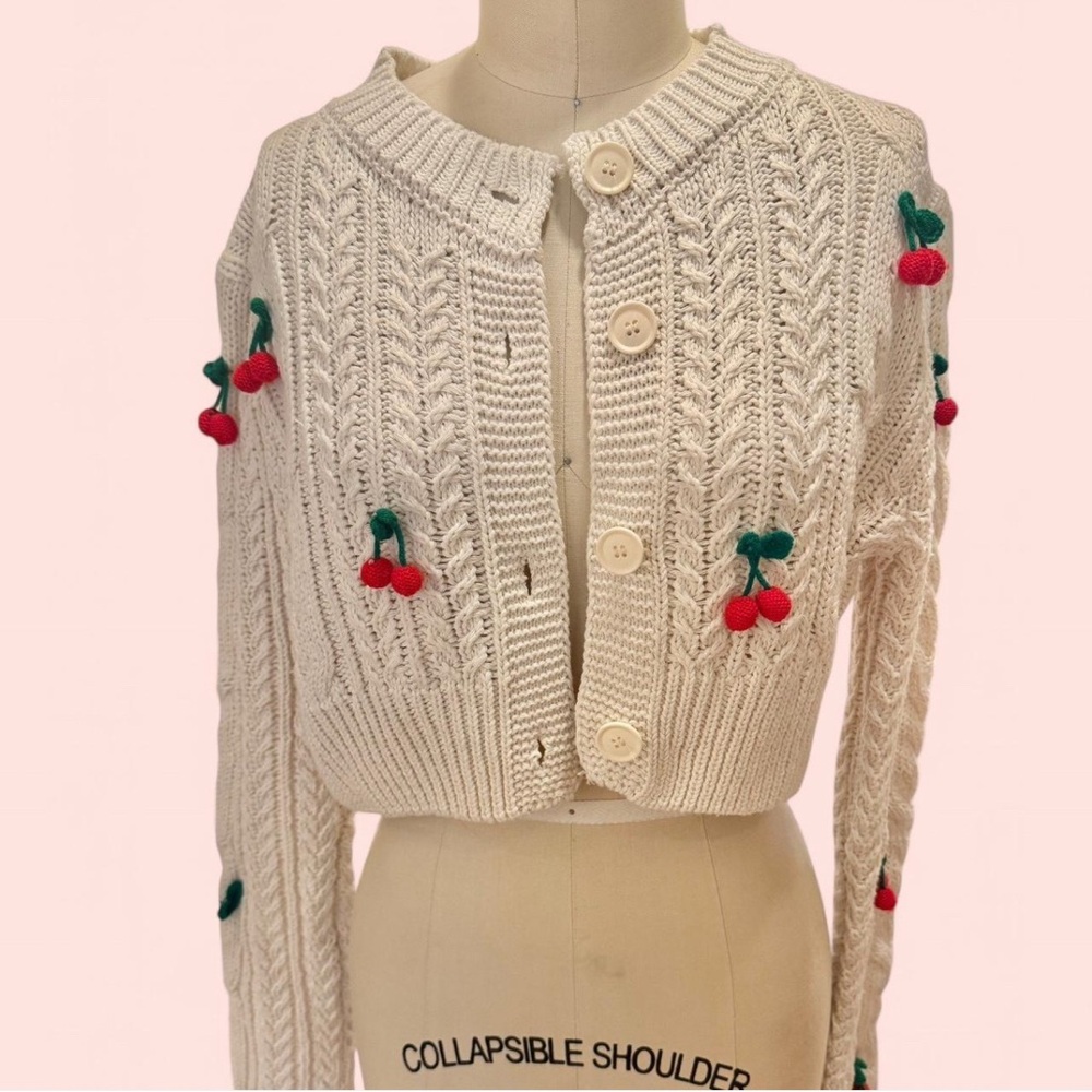 Red and White Cable Knit Cardigan with Pom-Poms